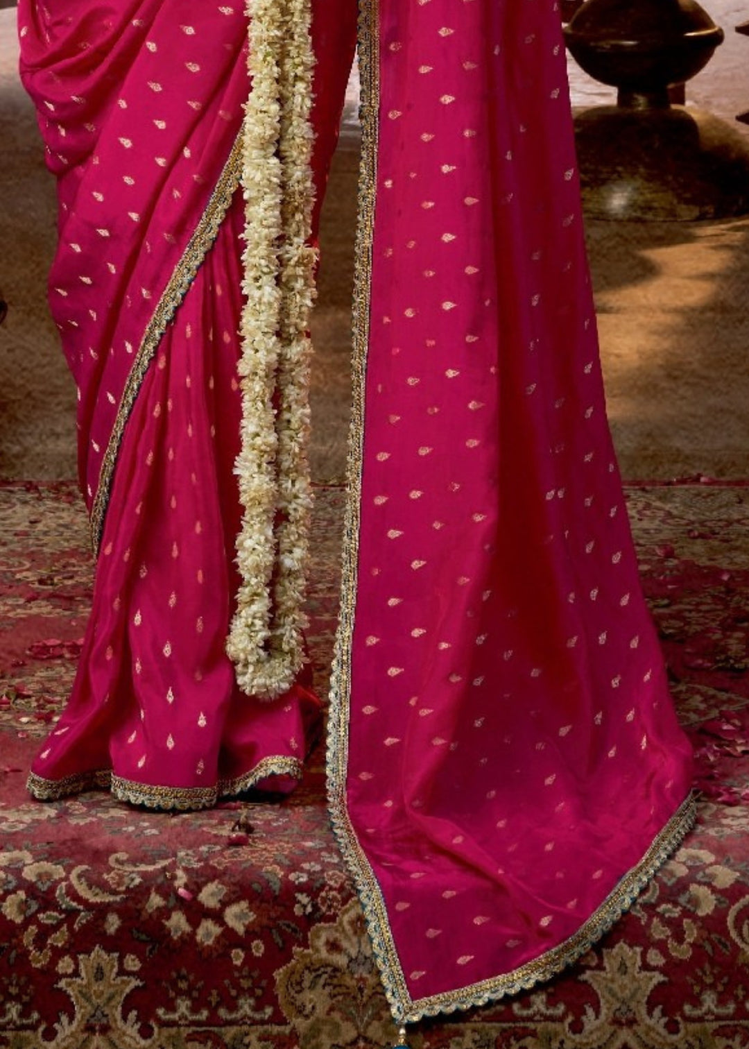 Red Pink Pure Viscous Crepe based fabric with Hand dying & Butti weaving Saree