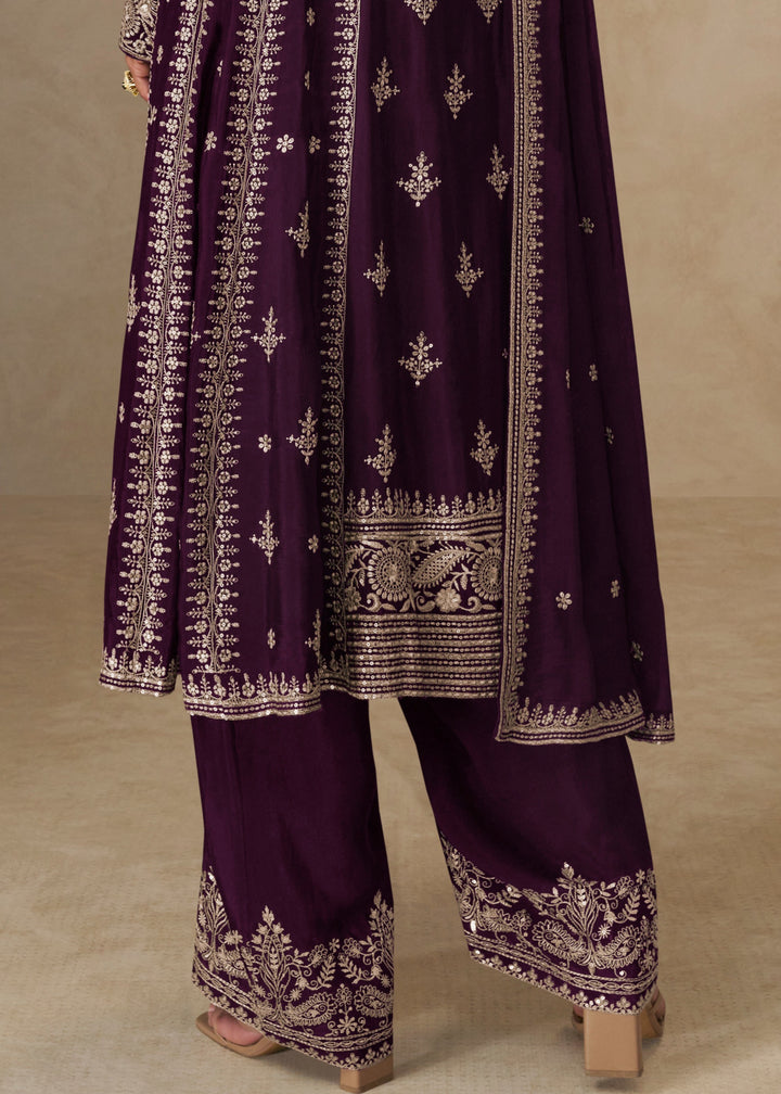 Dark Purple Chinon Silk Suit With Embroidery Work