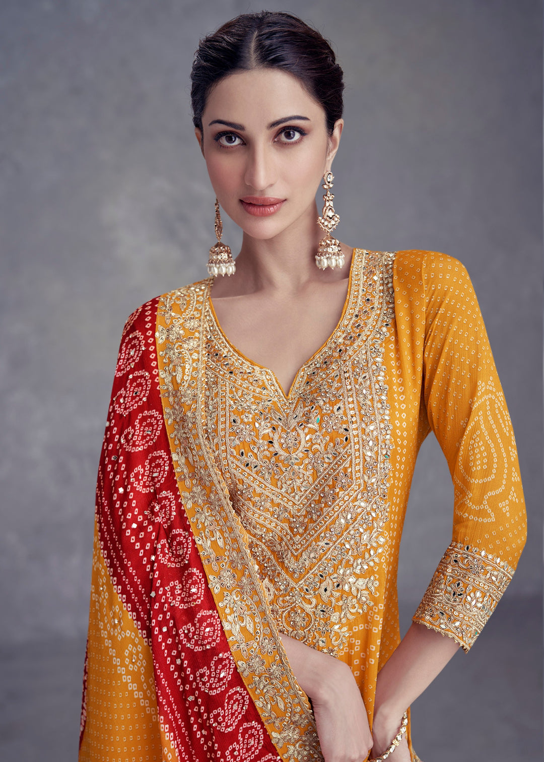 Mustard Yellow Chinon Salwar Suit with Red Dupatta