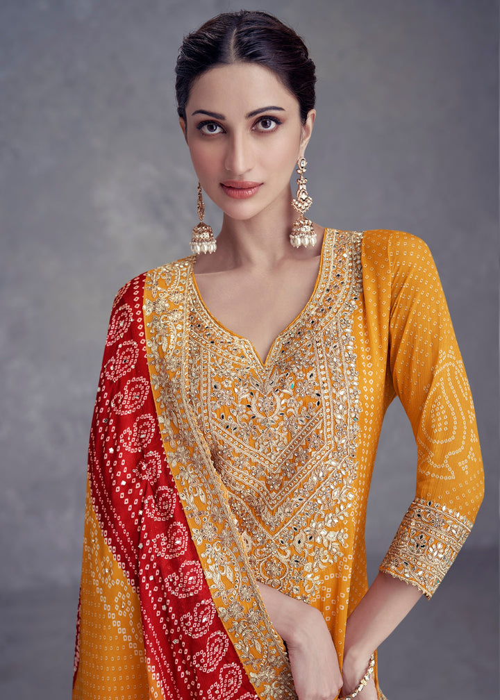 Mustard Yellow Chinon Salwar Suit with Red Dupatta