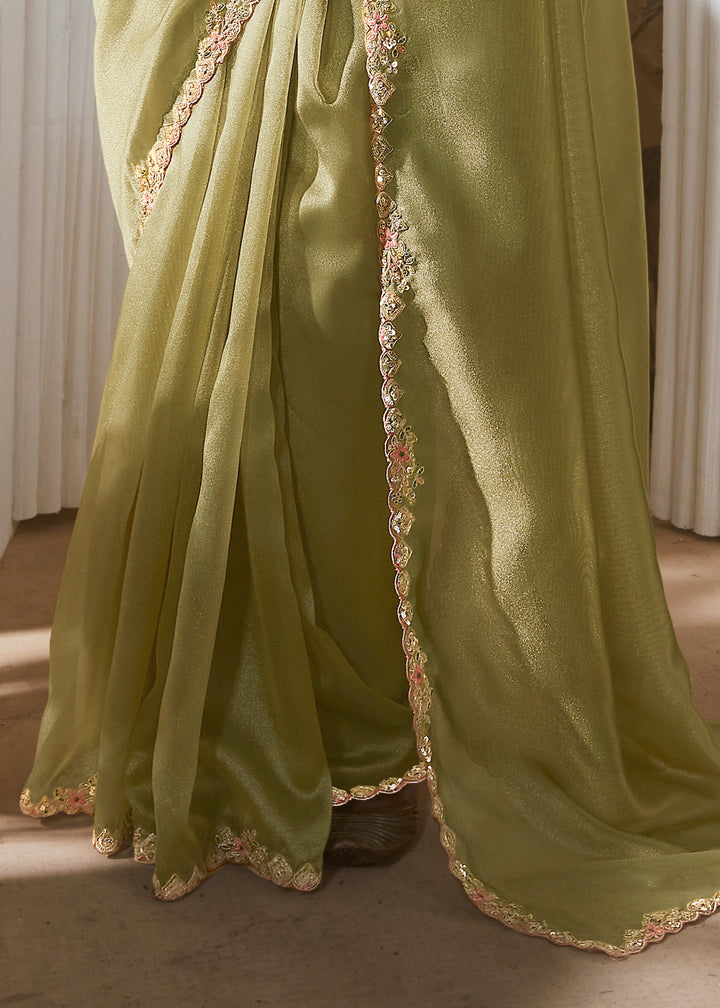 Apple Green Fancy Silk Saree With Printed Blouse