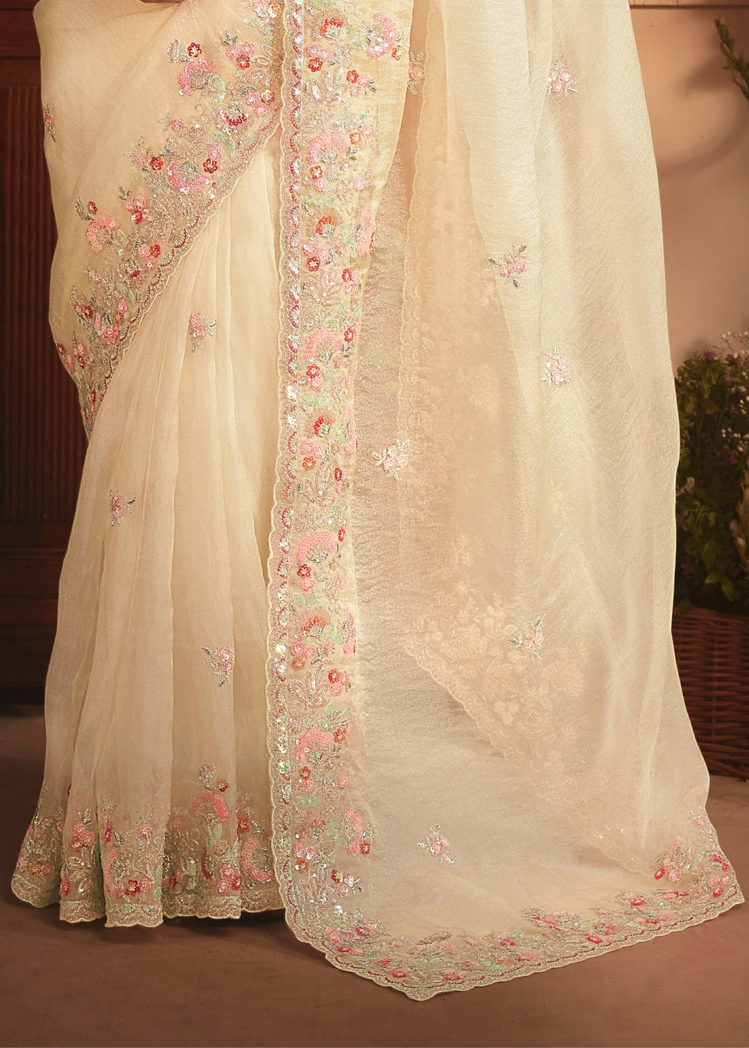 Ivory Tissue Organza Saree With Heavy Embroidery