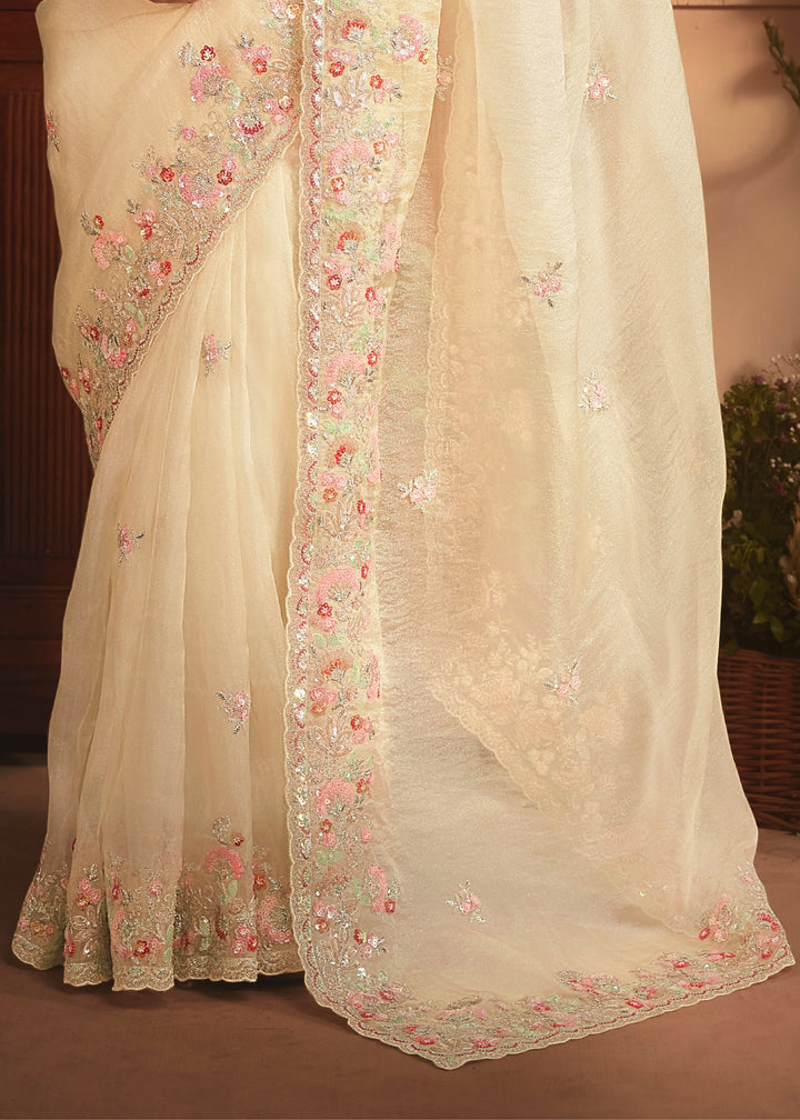 Ivory Tissue Organza Saree With Heavy Embroidery