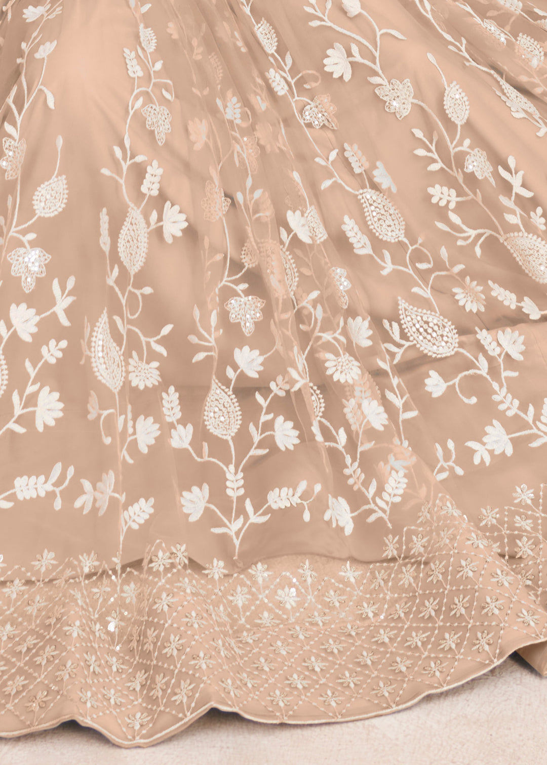 Sand Brown Designer Soft Net Lehenga With Cotton Thread And Sequins Embroidery Work