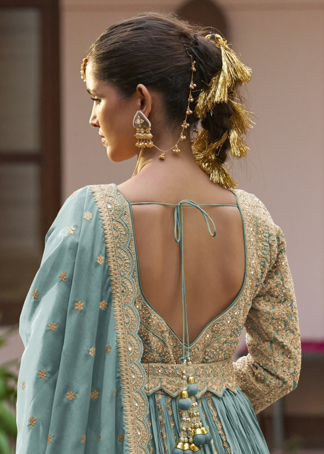 Turquoise Teal Chinon Salwar Suit