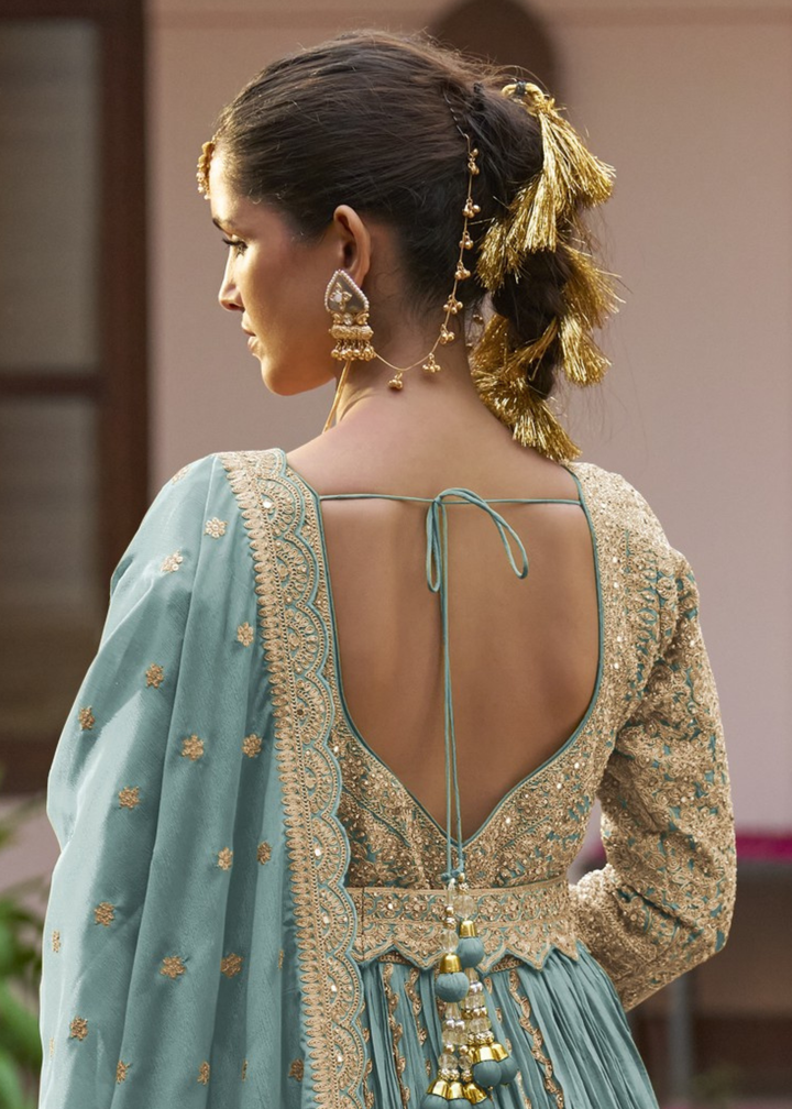 Turquoise Teal Chinon Salwar Suit