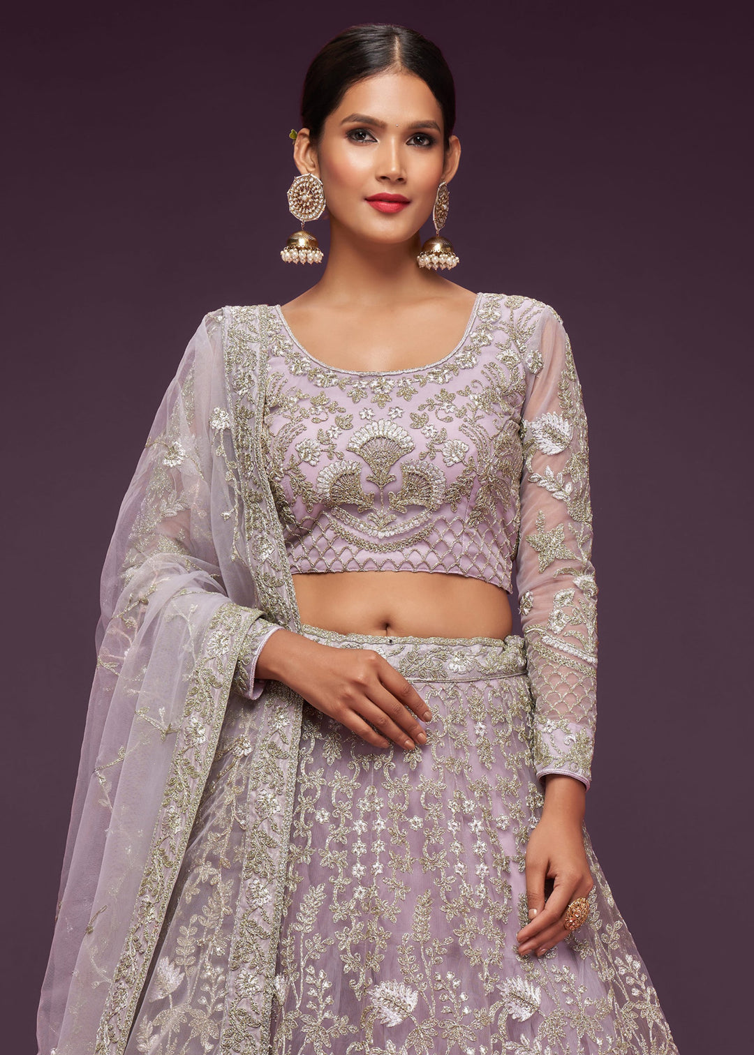 Dusky Orchid Soft Net Lehenga with Thread, Zari, Badla and Glitter Dori Embroidery Work