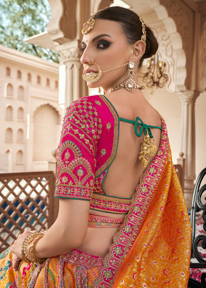 Mustard Yellow Banarasi Silk Lehenga with Zarkan & Cutwork