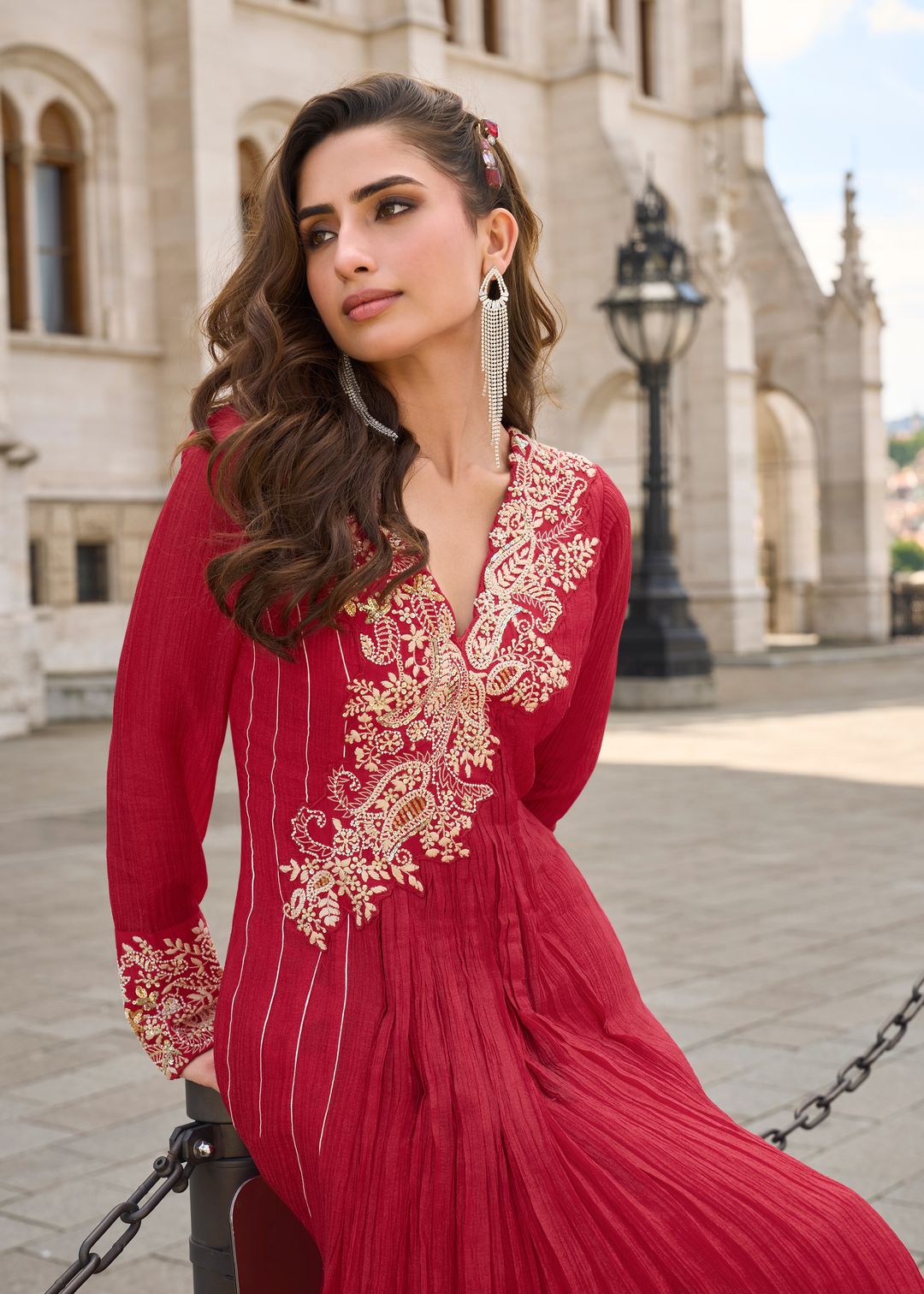 Ruby Red Chinon Silk Gown with Dupatta