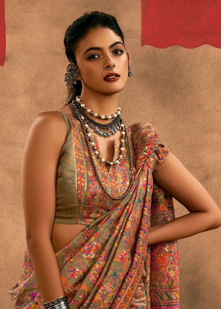 Olive-Taupe with Multicolour Kashmiri Floral Weaving Saree