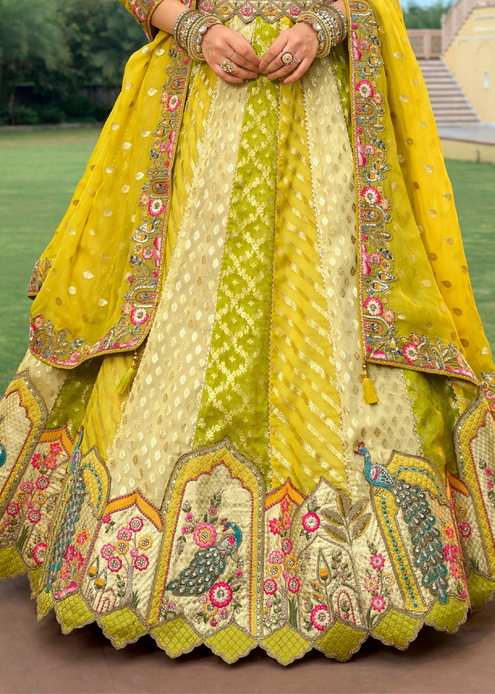 Lime Yellow And Green Silk Lehenga With Cut Work Border And Embroidery
