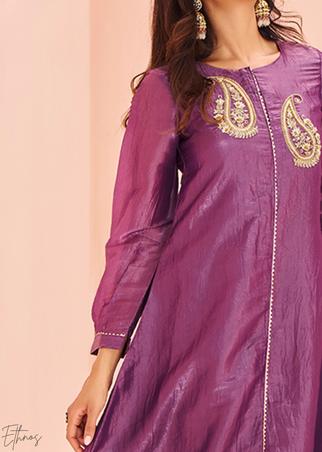 Plum Purple Paisley-Embroidered Organza Pant Suit