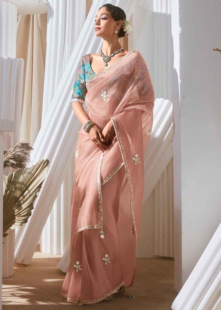 Peach Pink Fancy Silk Saree With Printed Blouse