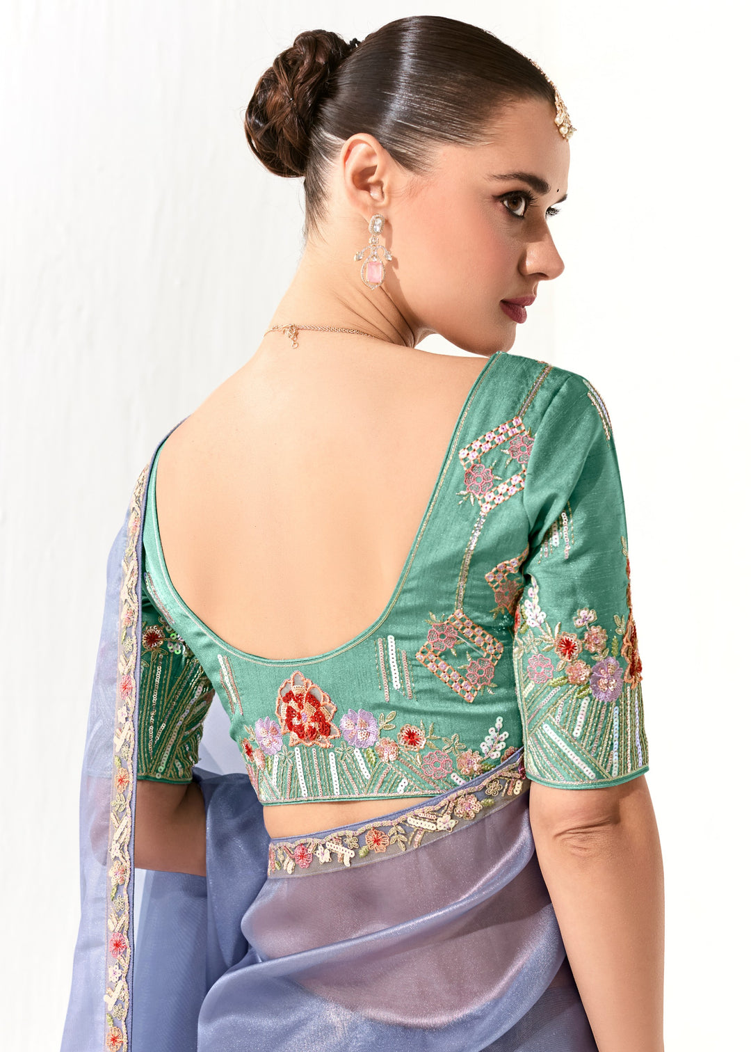 Cornflower Blue Organza Tissue Silk Saree With Heavy Work Border And Designer Blouse