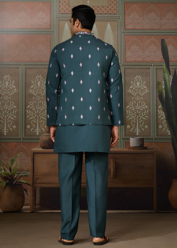 Rama Green Mens Wear Koti Style with Silk Kurta and Pajama