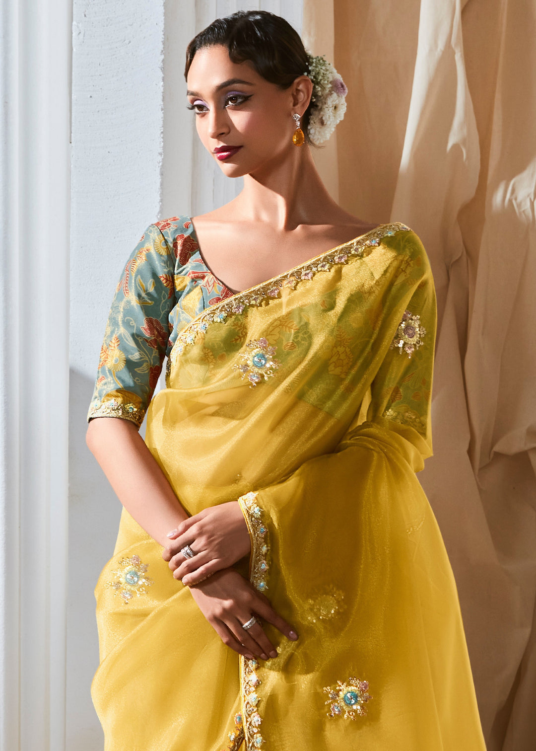 Canary Yellow Fancy Silk Saree With Printed Blouse