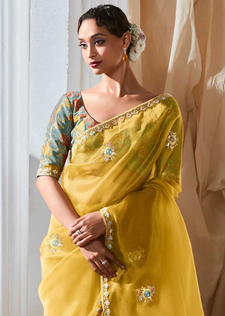Canary Yellow Fancy Silk Saree With Printed Blouse