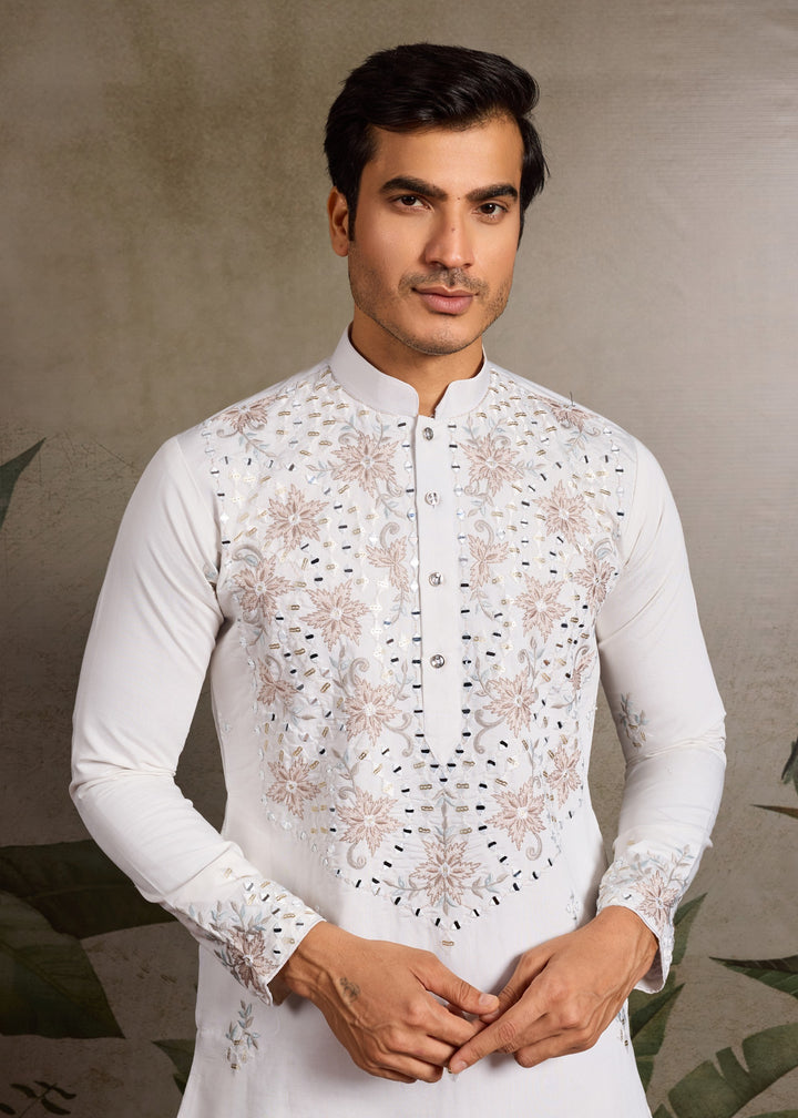 Creamy White Mens Wear Silk Kurta with Pant