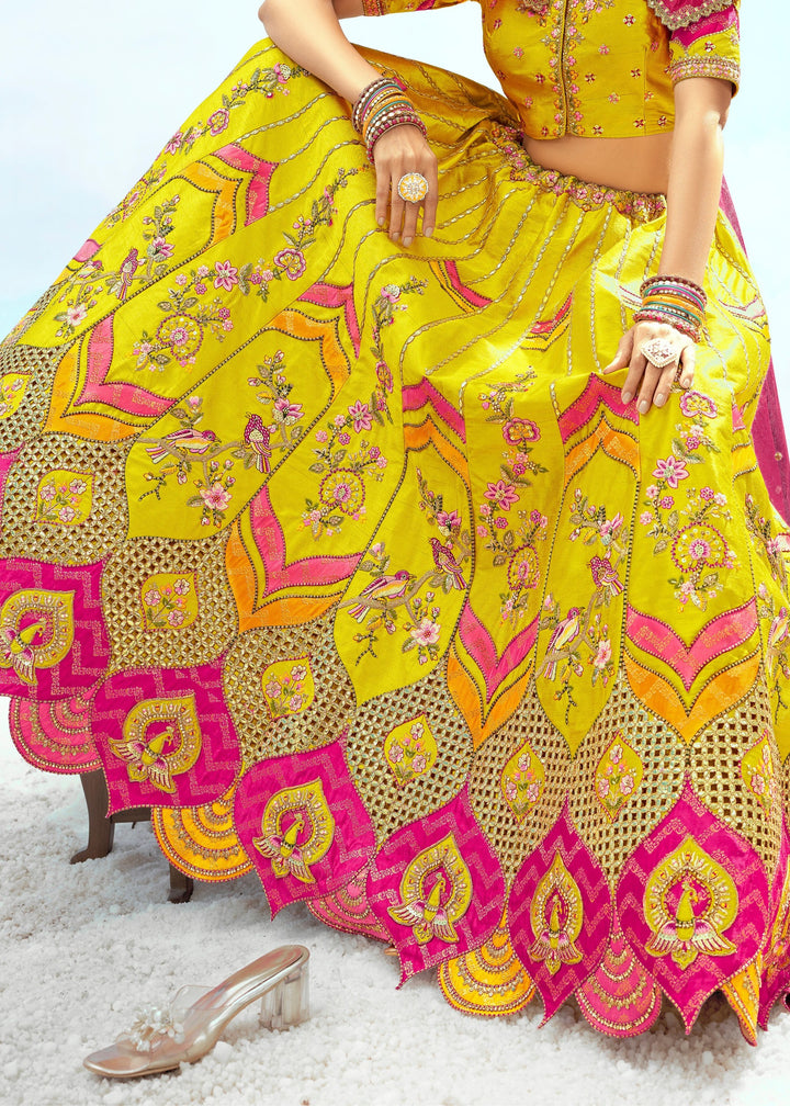 Yellow And Pink Silk Lehenga With Cut Work Border