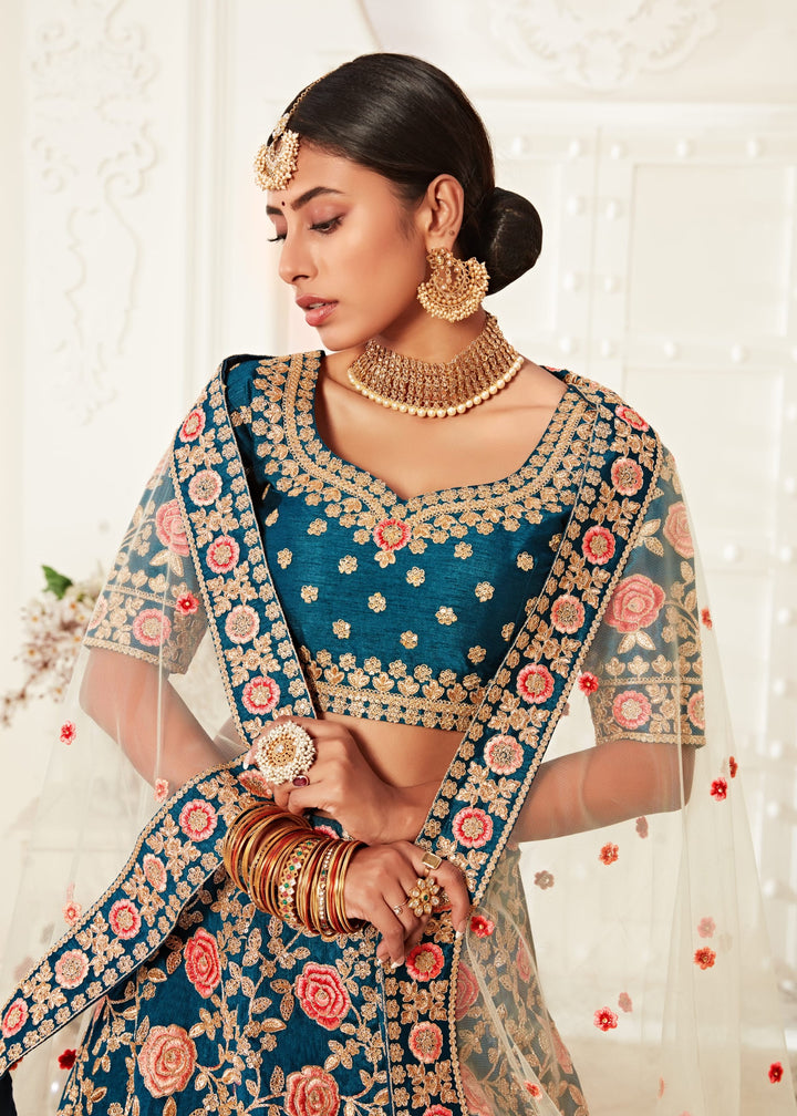 Navy Blue Slub Silk With Zari, Dori, Thread And Sequins Floral Embroidery Bridal Lehenga