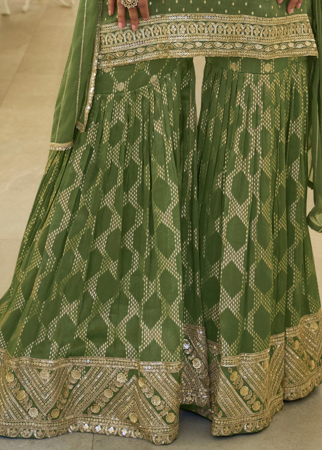 Green Viscose Simar Jacquard Silk Palazzo Suit