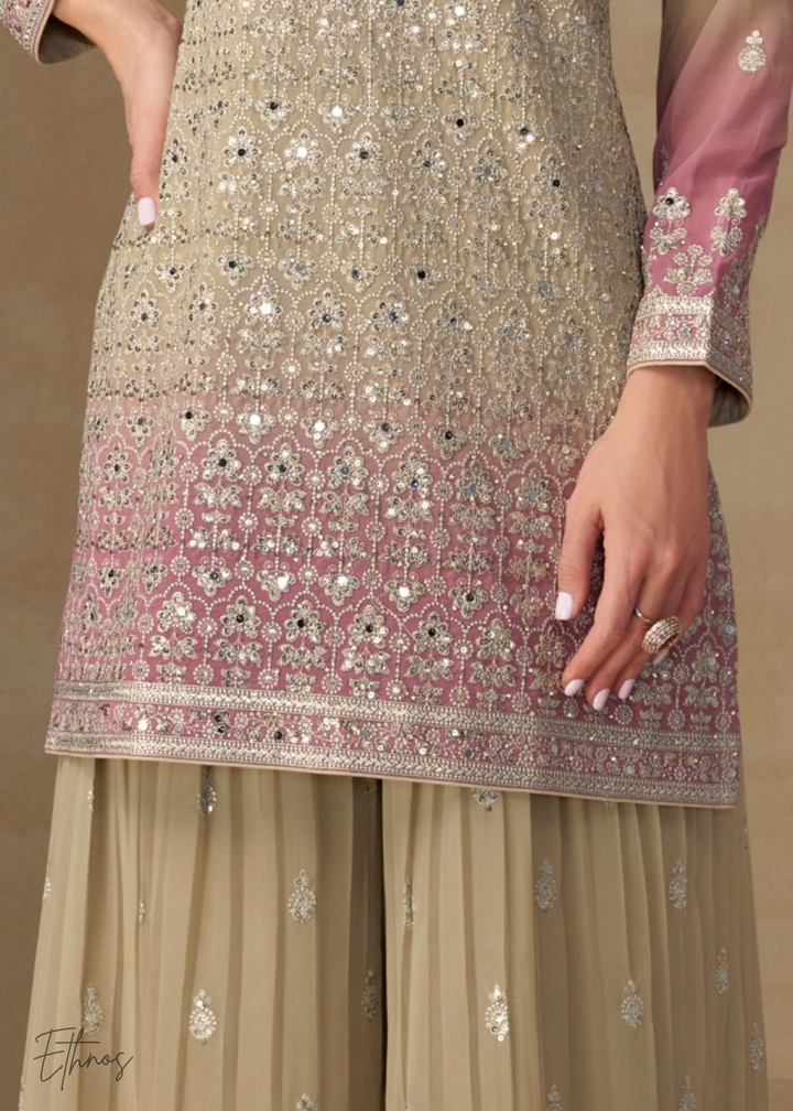 Beige Gold And Mauve Pink Georgette Salwar Suit