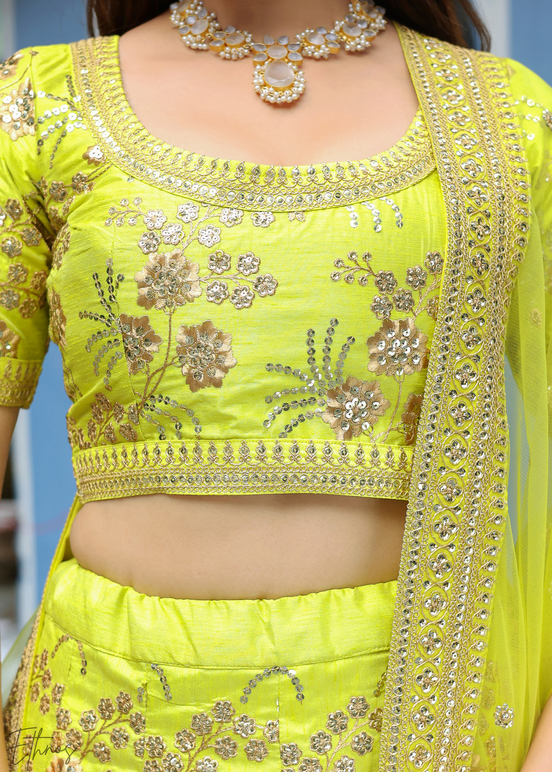 Neon Green Slub Silk Lehenga With Dupatta