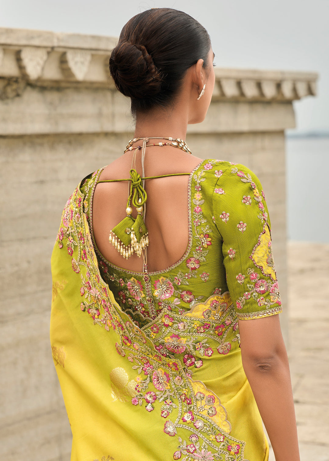 Bright Yellow Viscose Tissue Silk Saree