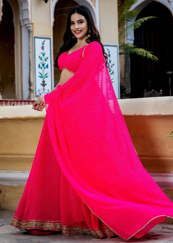 Hot Pink Georgette Leheriya Print Lehenga With Zari And Lace Work