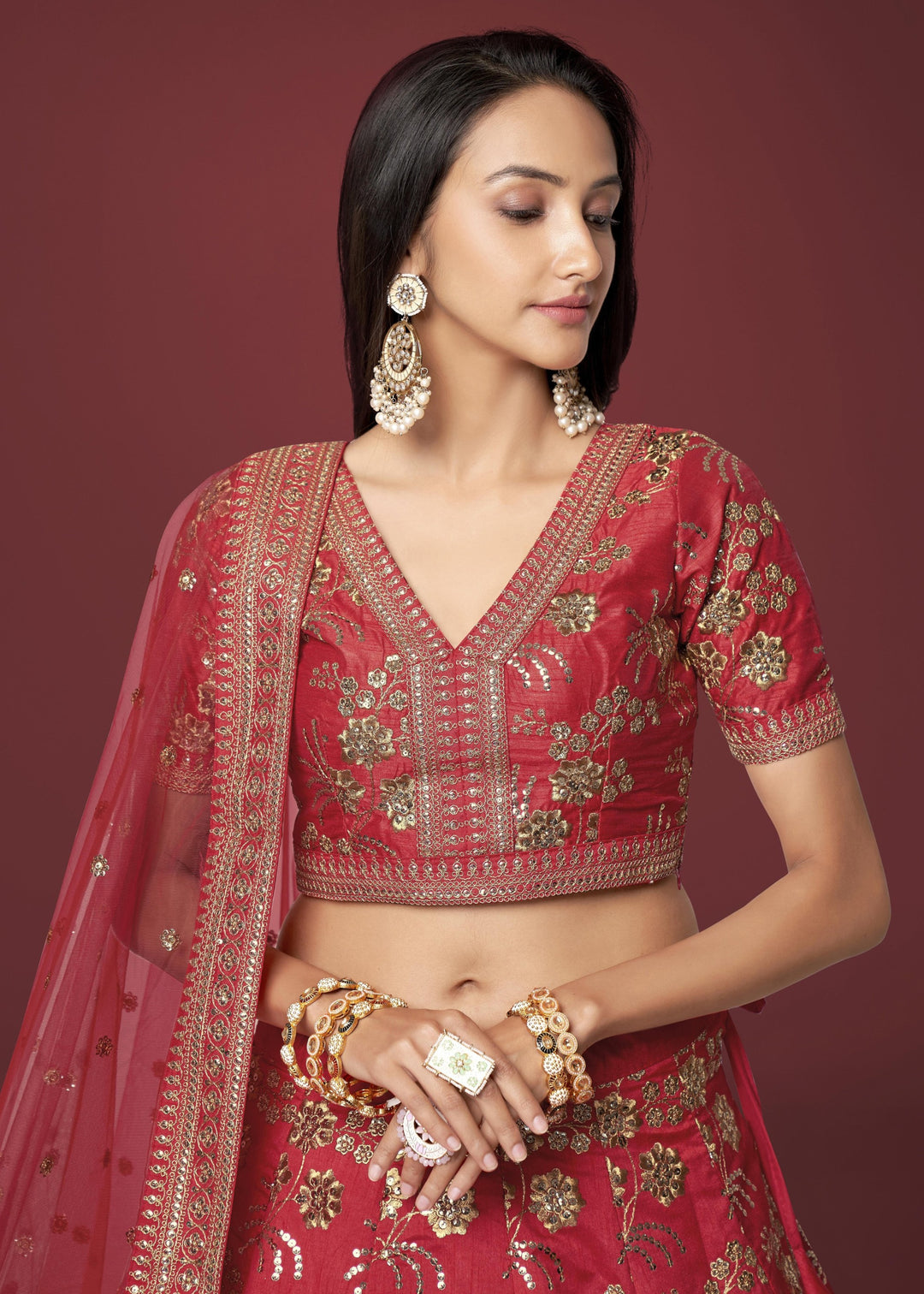 Red Slub Silk Lehenga with Zari Sequins and Dori Embroidery Work