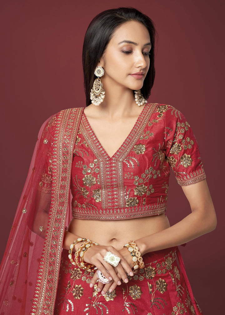 Red Slub Silk Lehenga with Zari Sequins and Dori Embroidery Work