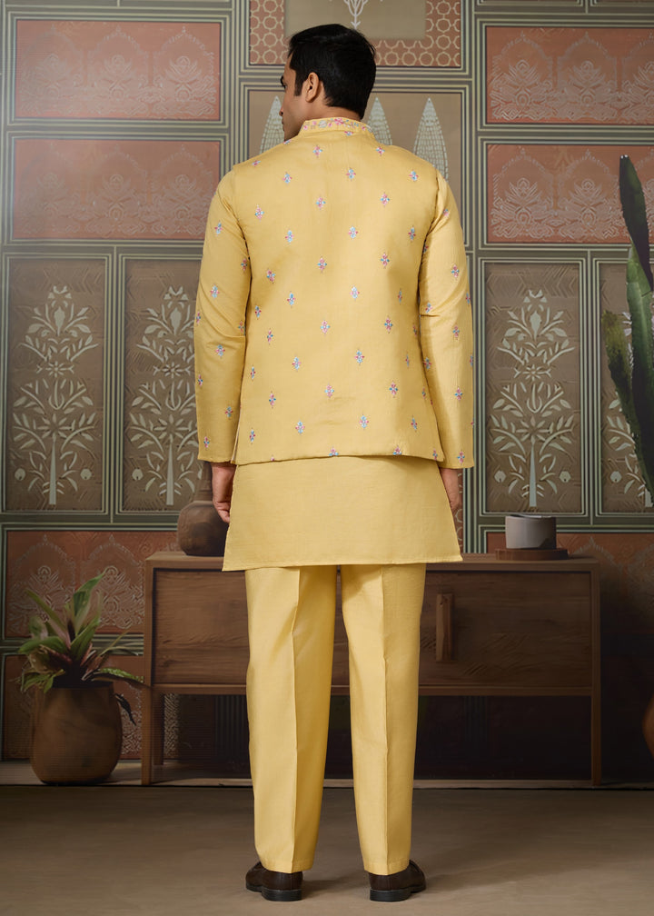 Mustard Yellow Mens Wear Koti Style with Silk Kurta and Pajama