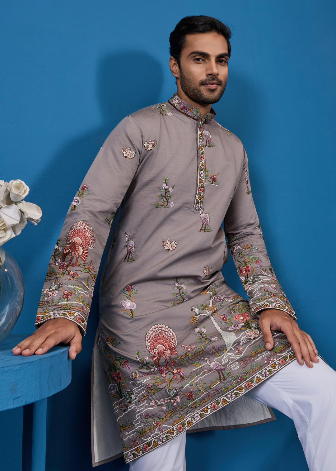 Soft Mauve Grey Mens Wear Kurta with Pant