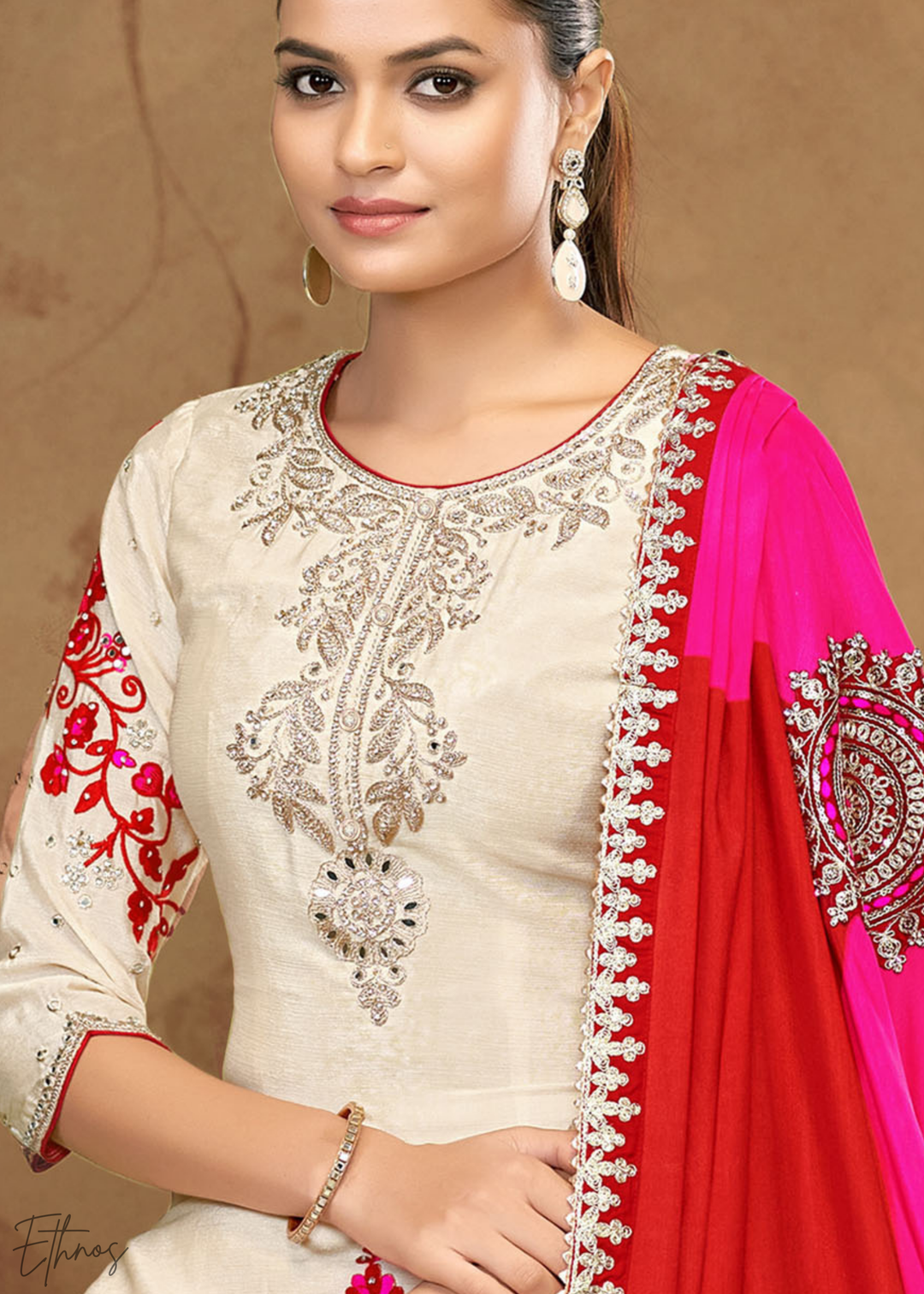 Ivory White Chinnon Silk Palazzo Suit