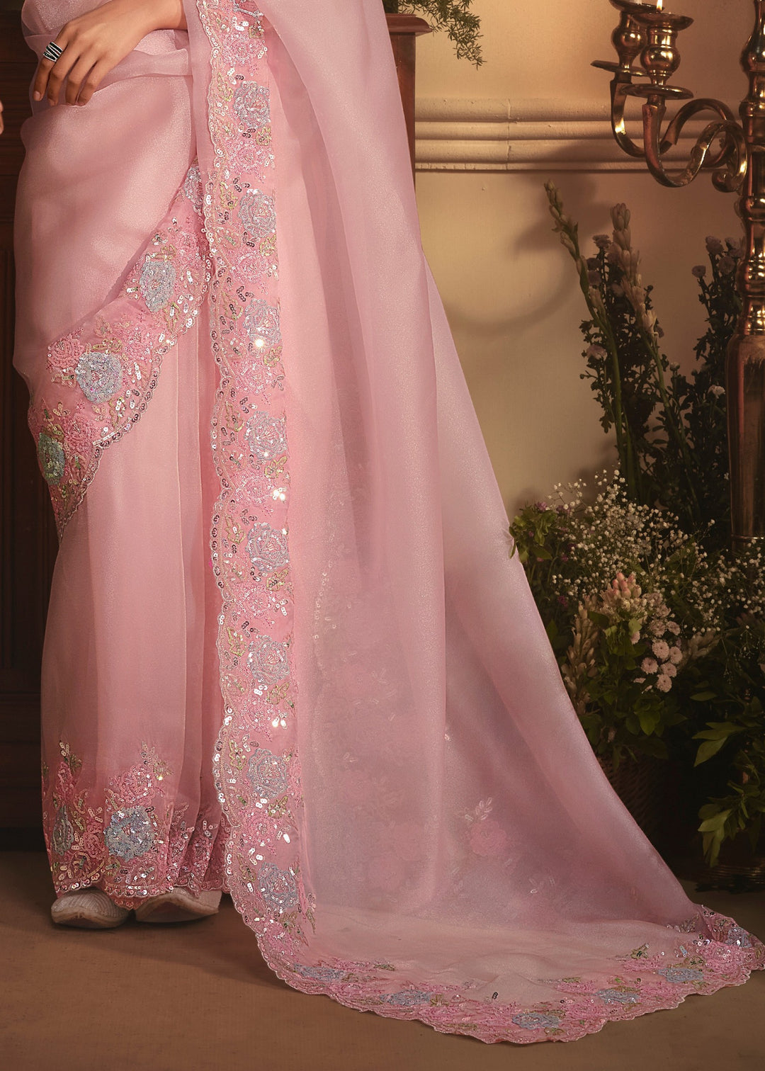 Baby Pink Tissue Organza Saree With Heavy Embroidery