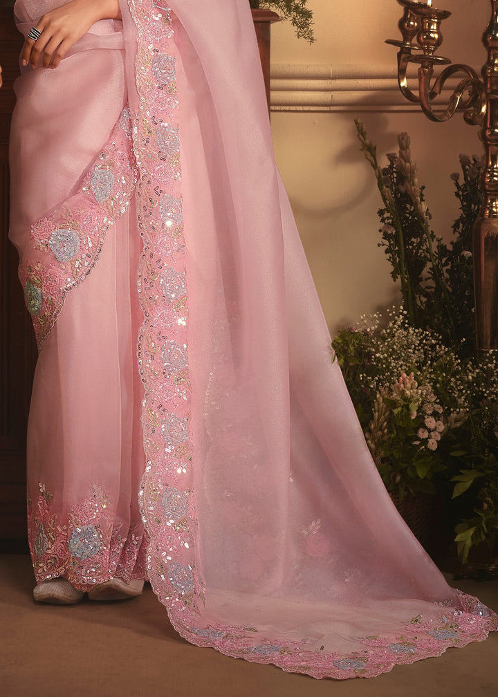 Baby Pink Tissue Organza Saree With Heavy Embroidery