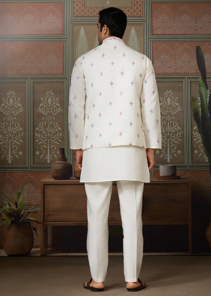 Pure White Mens Wear Koti Style with Silk Kurta and Pajama