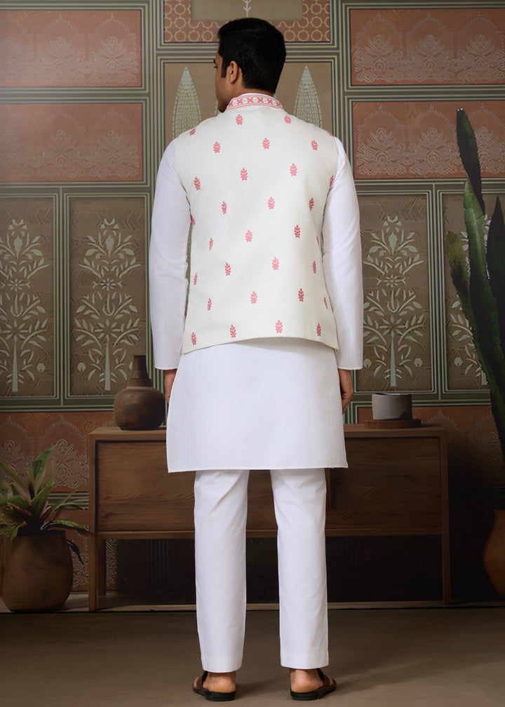 White Kurta And Pant With A Pink And White Embroidered Nehru Jacket