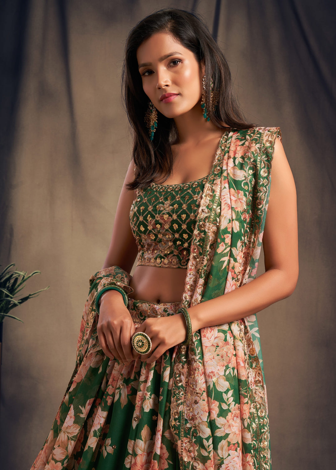 Green Organza Lehenga Sequins Zari Embroidery Work