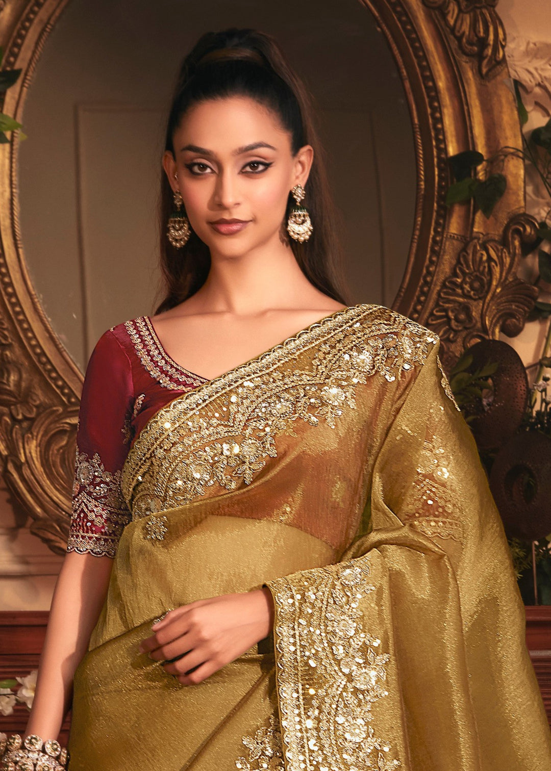 Olive Green Tissue Organza Saree With Heavy Embroidery