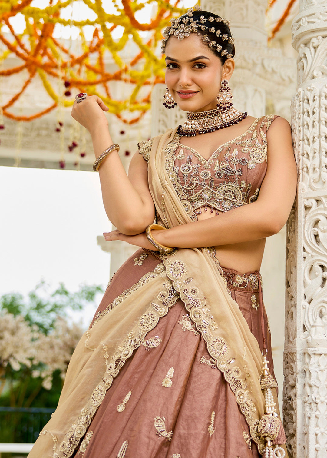 Beige Tissue Lehenga Choli with Beads & Sequince Embroidered