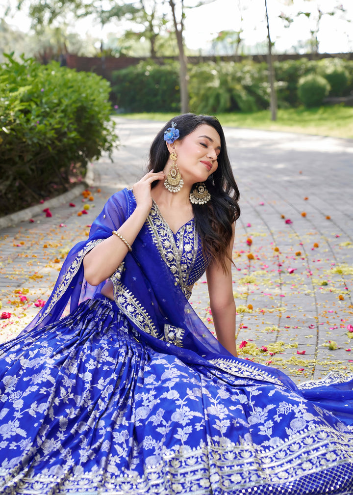 Royal Blue Sequins and Zari Embroidery Work Silk Lehenga