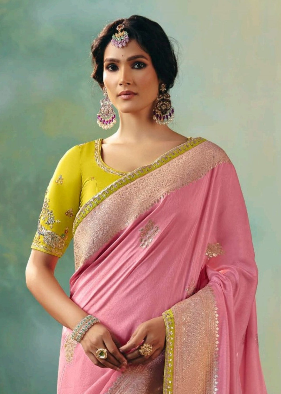Baby Pink Pure Viscose Dola Silk Saree with Zari Weaving & Embroidered Blouse