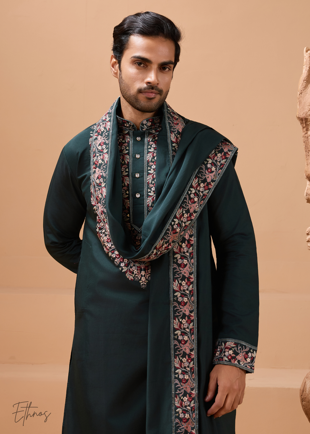 Green Mens Wear Silk Kurta With Pant And Dupatta