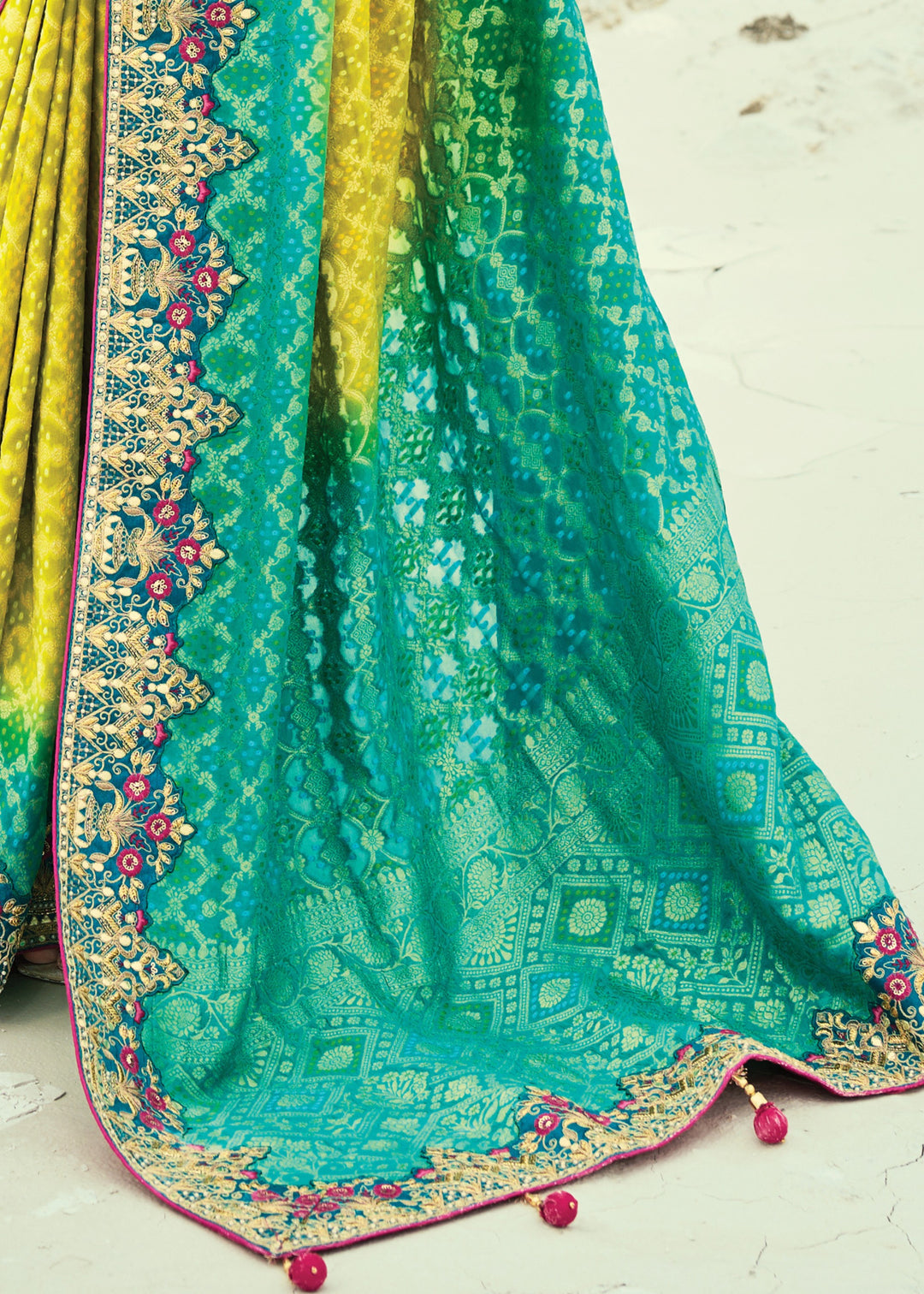 Turquoise Blue & Yellow Georgette Bandhej Saree With Moti & Cut-Dana Handwork Border