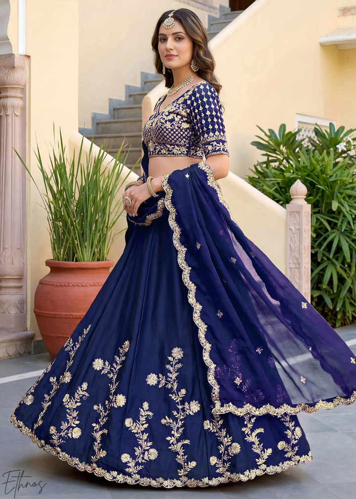 Deep Sapphire Floret Zari Rangoli Silk Lehenga
