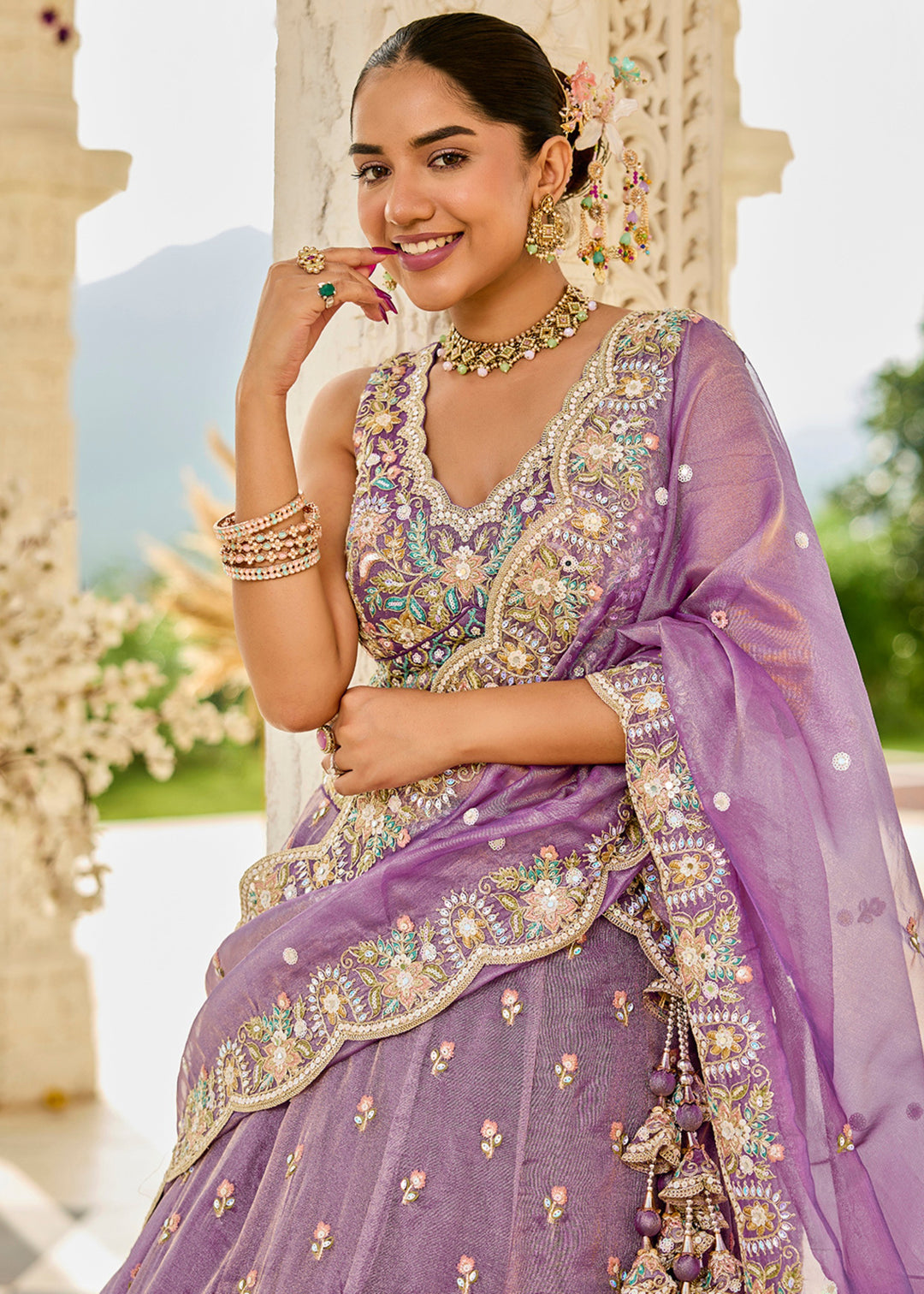 Purple Satin Silk Lehenga Choli with Sequinned Embroidered