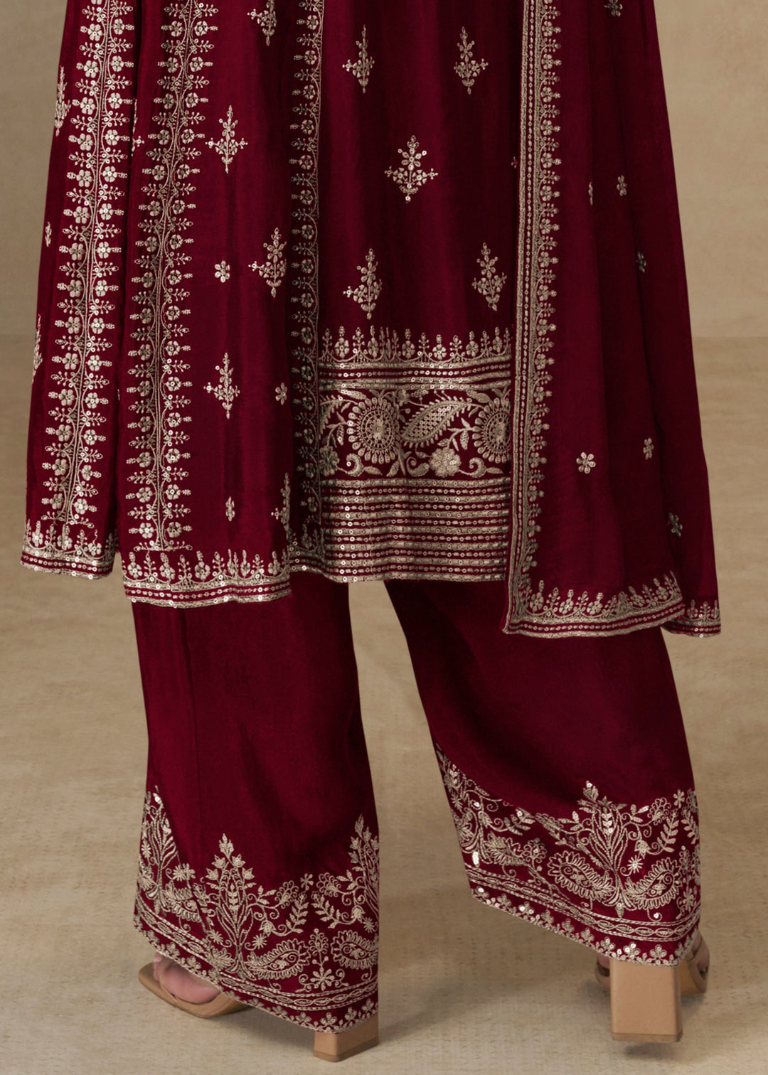 Garnet Red Chinon Silk Suit With Embroidery Work