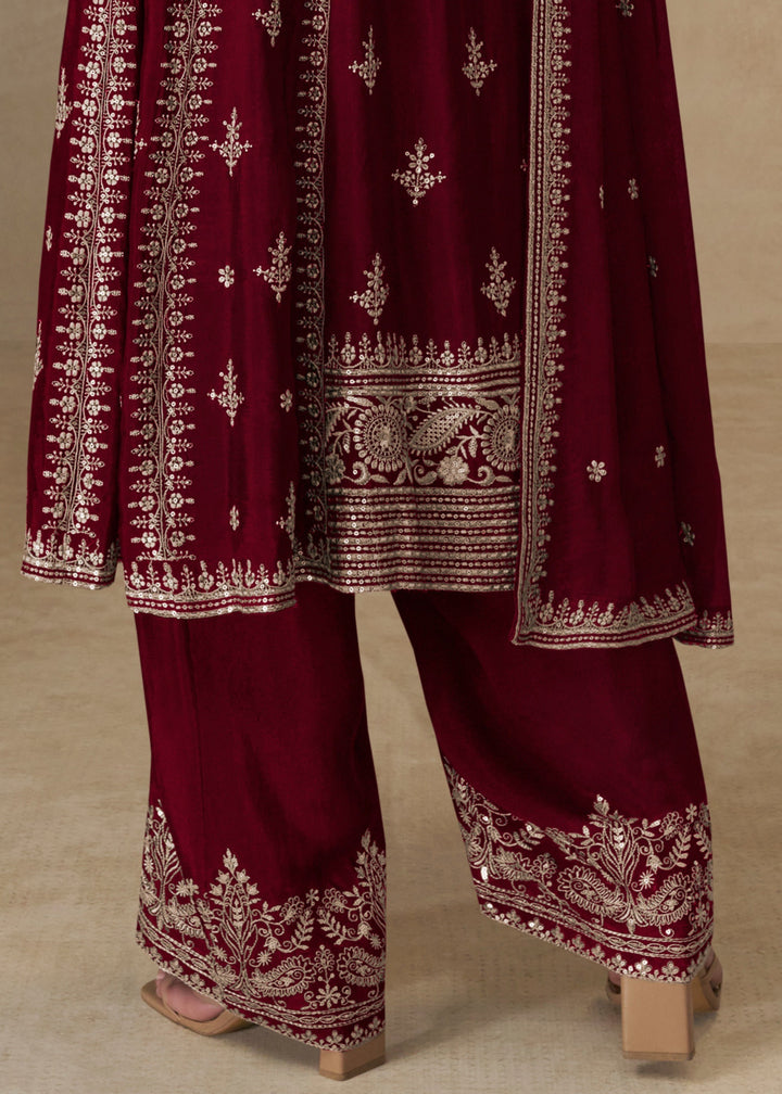 Garnet Red Chinon Silk Suit With Embroidery Work