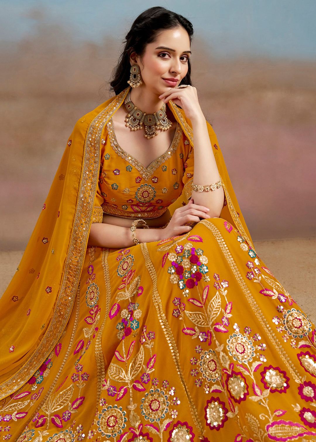 Yellow Sequins And Zari With Dori And Resham Embroidery Work Georgette Lehenga